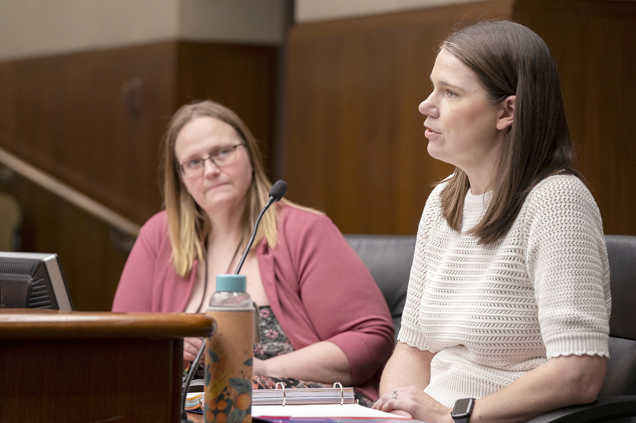 Sara Grafstrom, senior director of state and federal policy with the Association of Residential Resources in Minnesota, testifies before the House Human Services Policy Committee Feb. 26. Rep. Kim Hicks, left, sponsors HF3711. (Photo by Michele Jokinen)